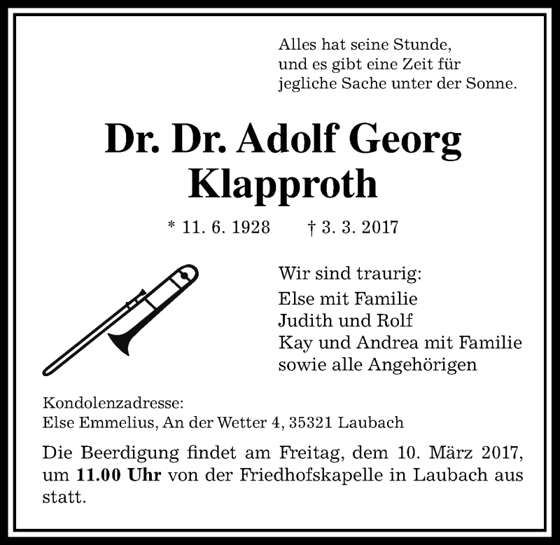  Traueranzeige für Adolf Georg Klapproth vom 07.03.2017 aus Giessener Allgemeine, Alsfelder Allgemeine