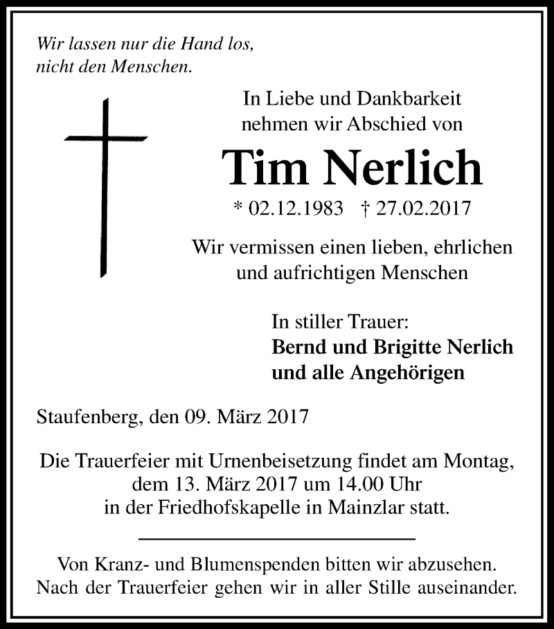  Traueranzeige für Tim Nerlich vom 09.03.2017 aus Giessener Allgemeine, Alsfelder Allgemeine