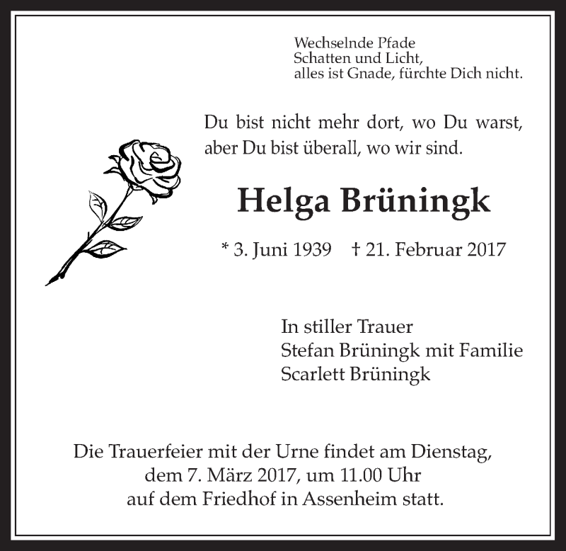 Traueranzeige für Helga Brüningk vom 04.03.2017 aus Wetterauer Zeitung, Wetterauer Zeitung