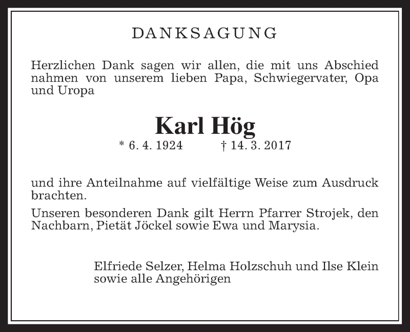  Traueranzeige für Karl Hög vom 01.04.2017 aus Wetterauer Zeitung, Wetterauer Zeitung