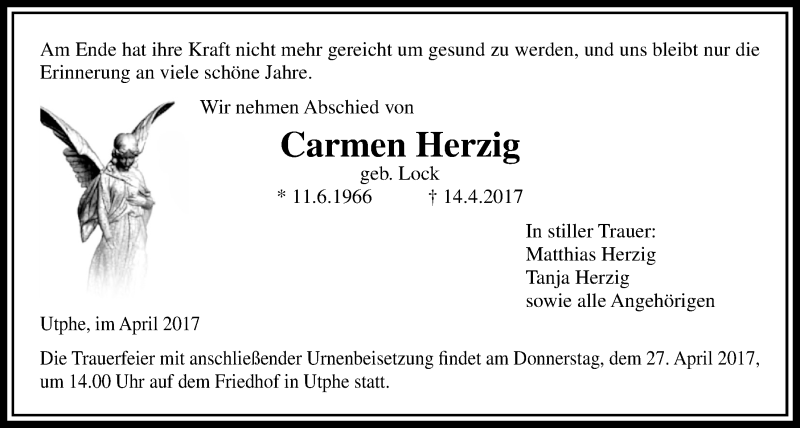  Traueranzeige für Carmen Herzig vom 20.04.2017 aus Licher Wochenblatt, Licher Wochenblatt, Licher Wochenblatt