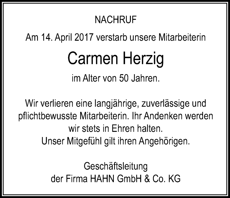  Traueranzeige für Carmen Herzig vom 27.04.2017 aus Licher Wochenblatt, Licher Wochenblatt, Licher Wochenblatt