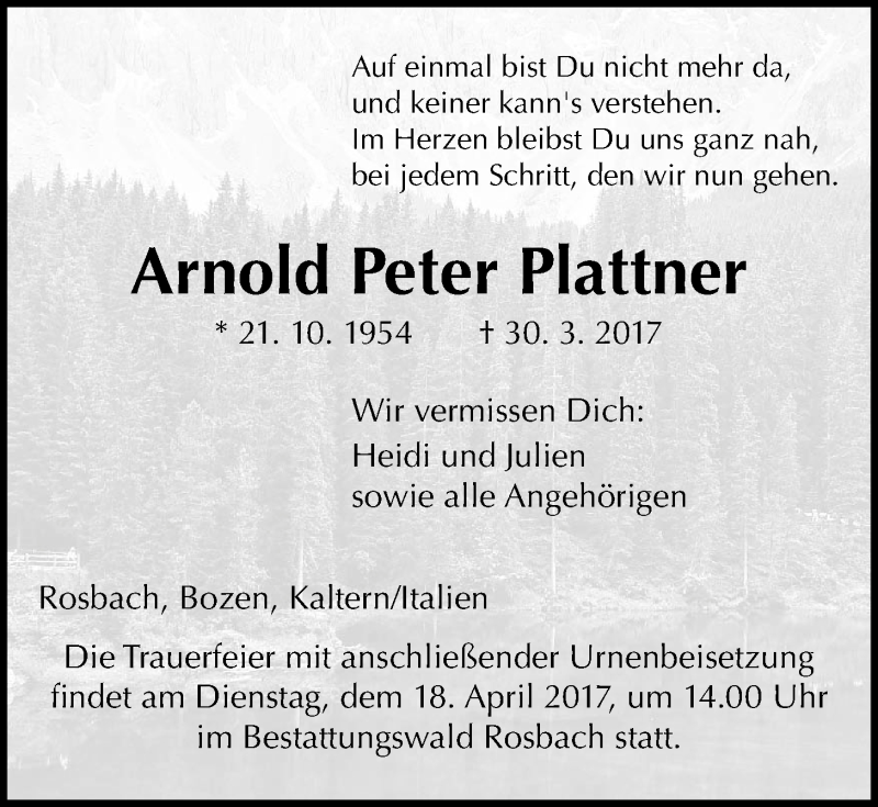  Traueranzeige für Arnold Peter Plattner vom 12.04.2017 aus Wetterauer Zeitung, Wetterauer Zeitung