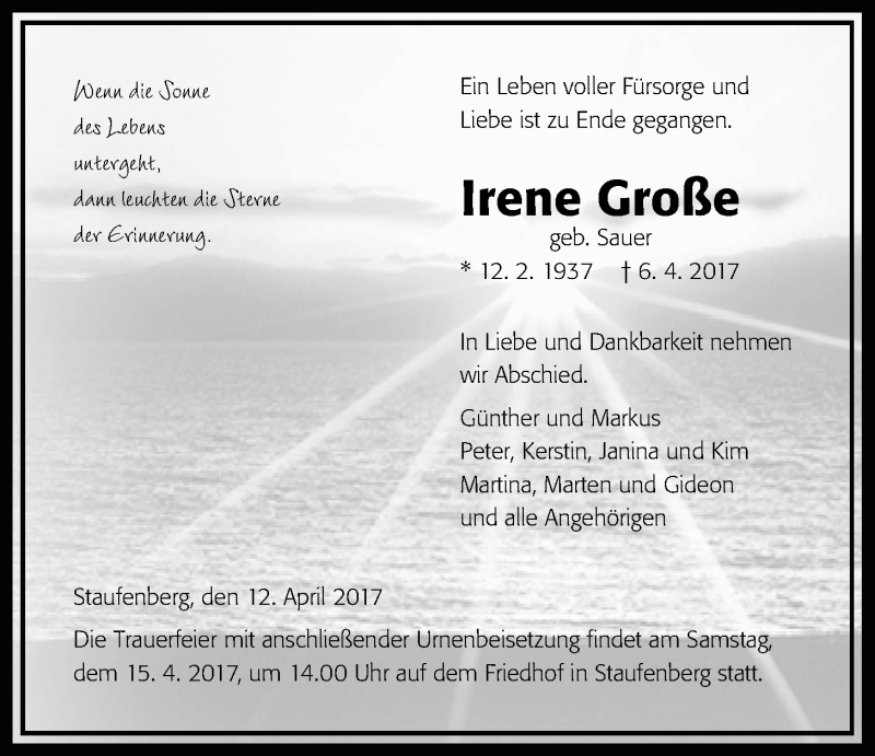  Traueranzeige für Irene Große vom 12.04.2017 aus Giessener Allgemeine, Alsfelder Allgemeine