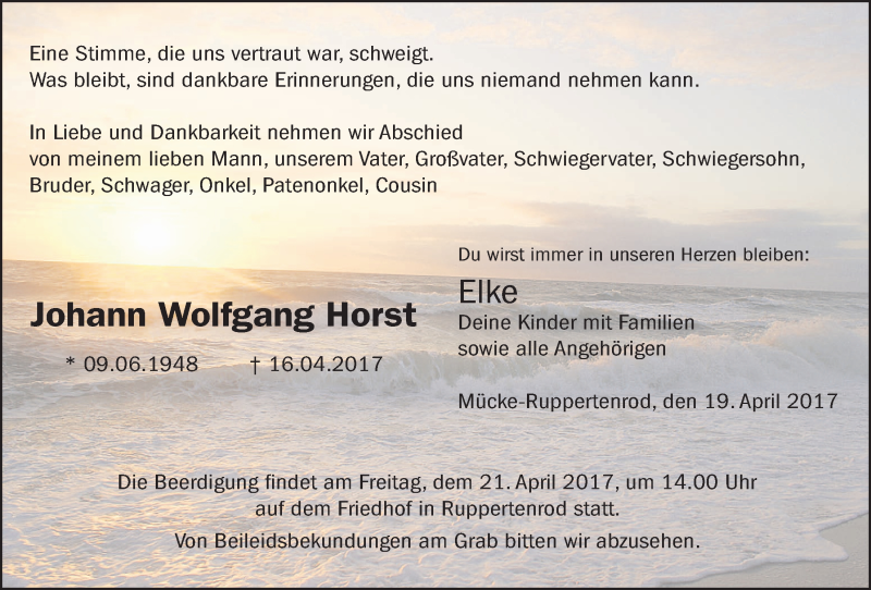  Traueranzeige für Johann Wolfgang Horst vom 19.04.2017 aus Giessener Allgemeine, Alsfelder Allgemeine