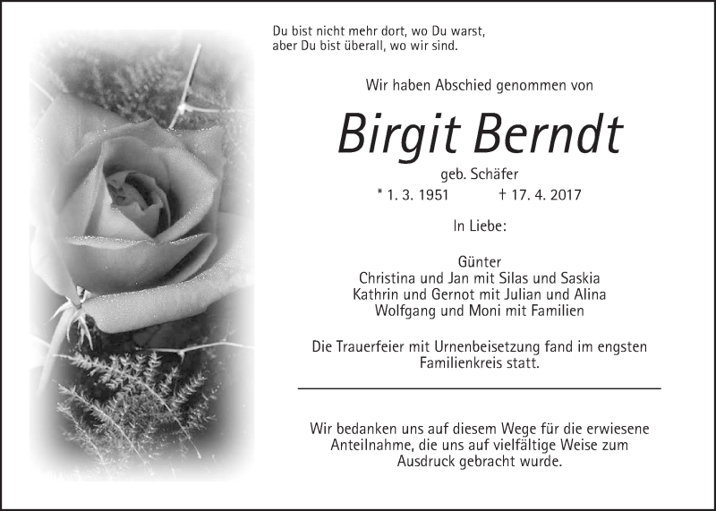  Traueranzeige für Birgit Berndt vom 26.04.2017 aus Giessener Allgemeine, Alsfelder Allgemeine