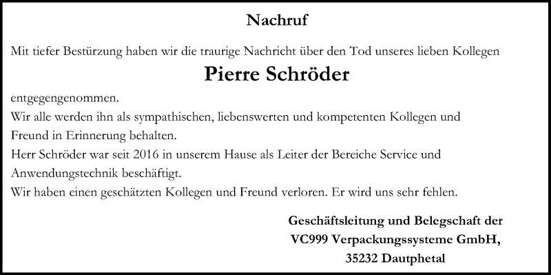  Traueranzeige für Pierre Schröder vom 27.04.2017 aus Giessener Allgemeine, Alsfelder Allgemeine