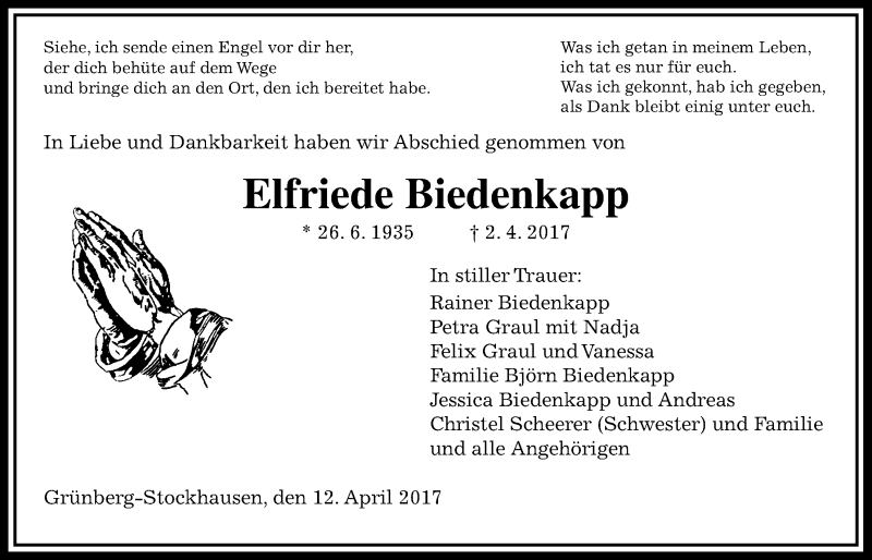  Traueranzeige für Elfriede Biedenkapp vom 12.04.2017 aus Giessener Allgemeine, Alsfelder Allgemeine