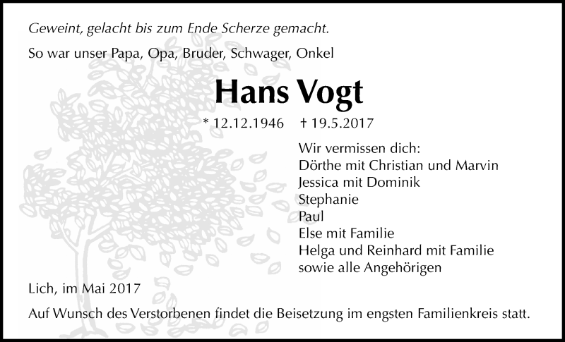  Traueranzeige für Hans Vogt vom 24.05.2017 aus Licher Wochenblatt, Licher Wochenblatt, Licher Wochenblatt