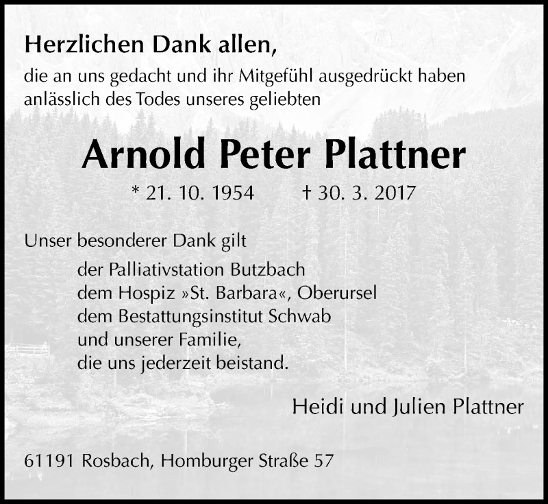  Traueranzeige für Arnold Peter Plattner vom 02.05.2017 aus Wetterauer Zeitung, Wetterauer Zeitung