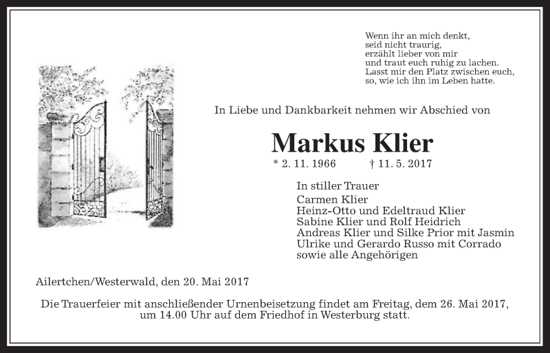  Traueranzeige für Markus Klier vom 20.05.2017 aus Giessener Allgemeine, Alsfelder Allgemeine