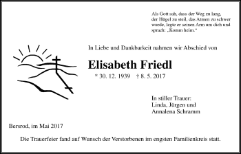 Traueranzeige von Elisabeth Friedl von Giessener Allgemeine, Alsfelder Allgemeine