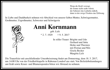 Traueranzeige von Anni Kornmann von Giessener Allgemeine, Alsfelder Allgemeine