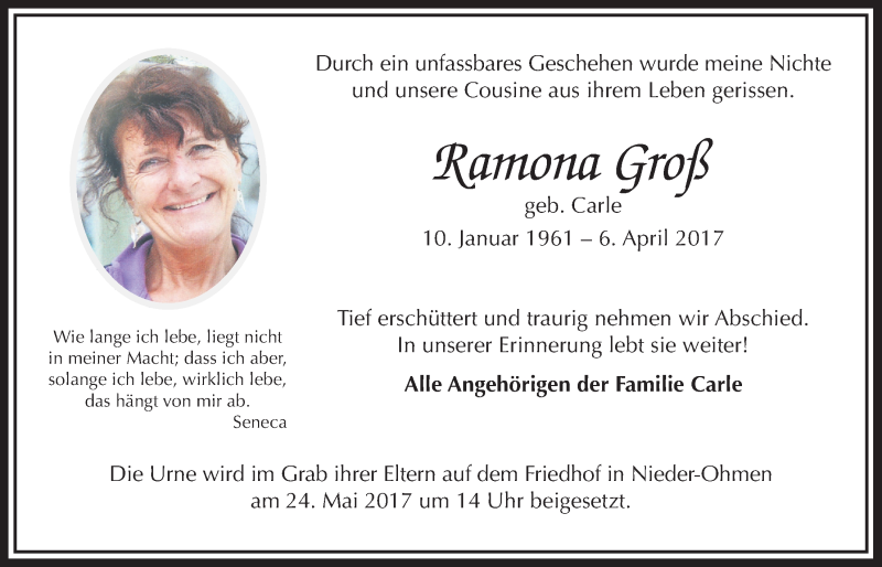  Traueranzeige für Ramona Groß vom 23.05.2017 aus Alsfelder Allgemeine