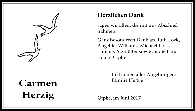  Traueranzeige für Carmen Herzig vom 01.06.2017 aus Licher Wochenblatt, Licher Wochenblatt, Licher Wochenblatt
