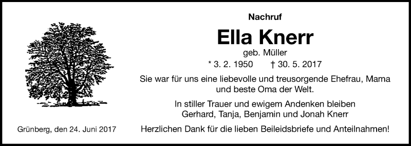  Traueranzeige für Ella Knerr vom 24.06.2017 aus Giessener Allgemeine, Alsfelder Allgemeine