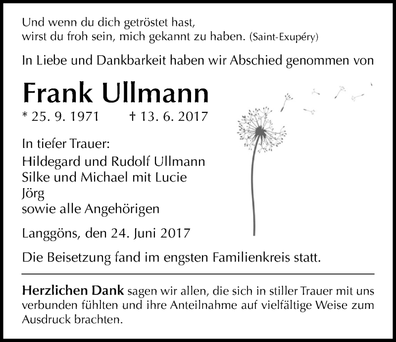  Traueranzeige für Frank Ullmann vom 24.06.2017 aus Giessener Allgemeine, Alsfelder Allgemeine