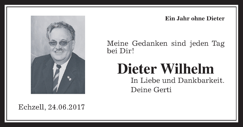  Traueranzeige für Dieter Wilhelm vom 24.06.2017 aus Wetterauer Zeitung, Wetterauer Zeitung