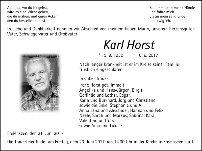  Traueranzeige für Karl Horst vom 21.06.2017 aus Giessener Allgemeine, Alsfelder Allgemeine