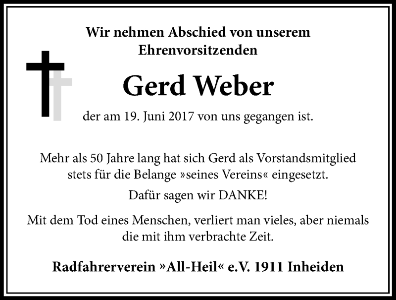  Traueranzeige für Gerd Weber vom 29.06.2017 aus Licher Wochenblatt, Licher Wochenblatt, Licher Wochenblatt