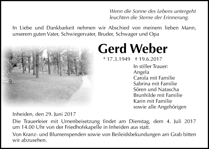  Traueranzeige für Gerd Weber vom 29.06.2017 aus Licher Wochenblatt, Licher Wochenblatt, Licher Wochenblatt