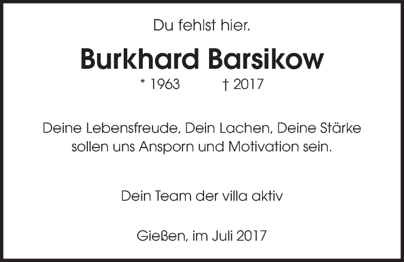  Traueranzeige für Burkhard Barsikow vom 22.07.2017 aus Giessener Allgemeine, Alsfelder Allgemeine