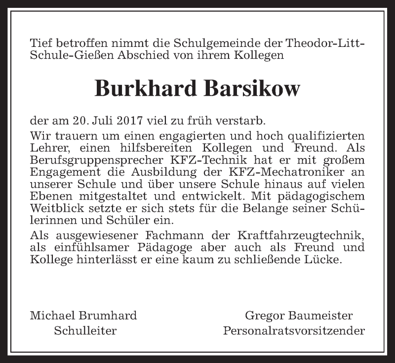  Traueranzeige für Burkhard Barsikow vom 25.07.2017 aus Giessener Allgemeine, Alsfelder Allgemeine