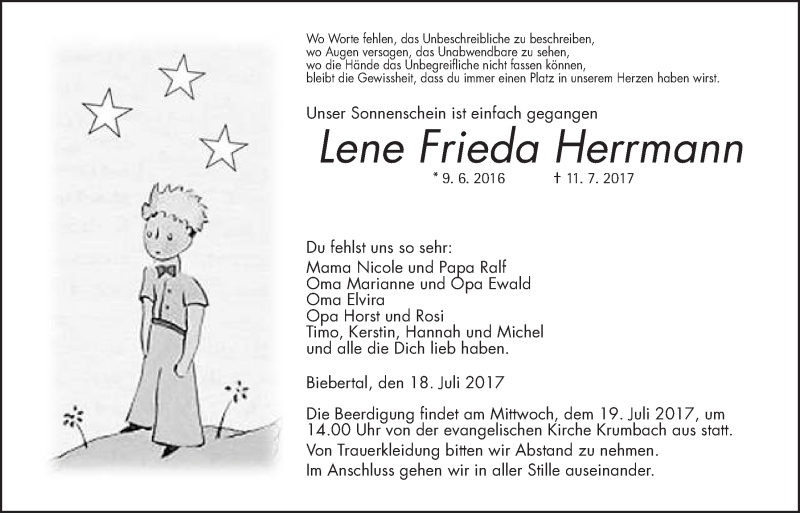 Traueranzeige für Lene Frieda Hermann vom 18.07.2017 aus Giessener Allgemeine, Alsfelder Allgemeine