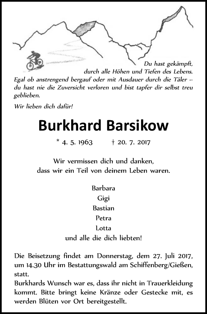  Traueranzeige für Burkhard Barsikow vom 22.07.2017 aus Giessener Allgemeine, Alsfelder Allgemeine