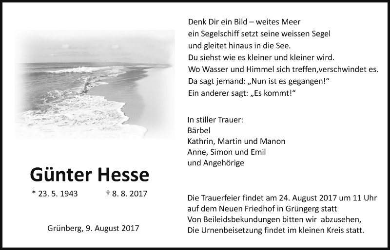  Traueranzeige für Günter Hesse vom 19.08.2017 aus Giessener Allgemeine, Alsfelder Allgemeine