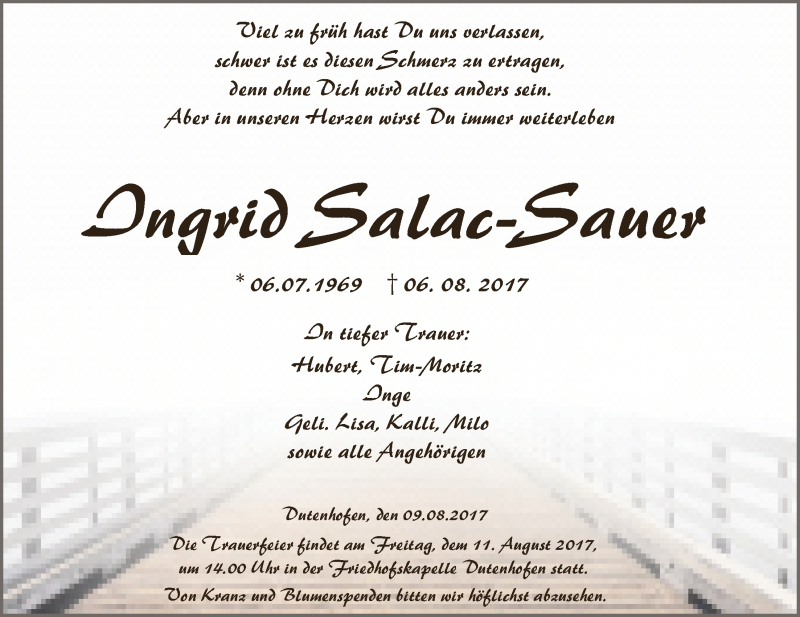  Traueranzeige für Ingrid Salac-Sauer vom 09.08.2017 aus Giessener Allgemeine, Alsfelder Allgemeine