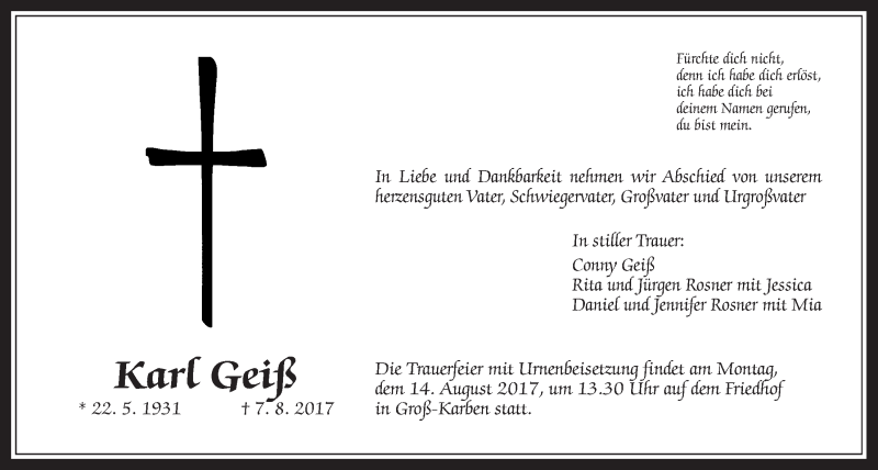  Traueranzeige für Karl Geiß vom 12.08.2017 aus Wetterauer Zeitung, Wetterauer Zeitung