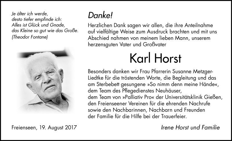  Traueranzeige für Karl Horst vom 19.08.2017 aus Giessener Allgemeine, Alsfelder Allgemeine