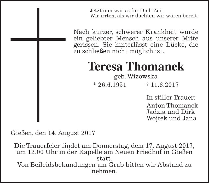  Traueranzeige für Teresa Thomanek vom 15.08.2017 aus Giessener Allgemeine, Alsfelder Allgemeine