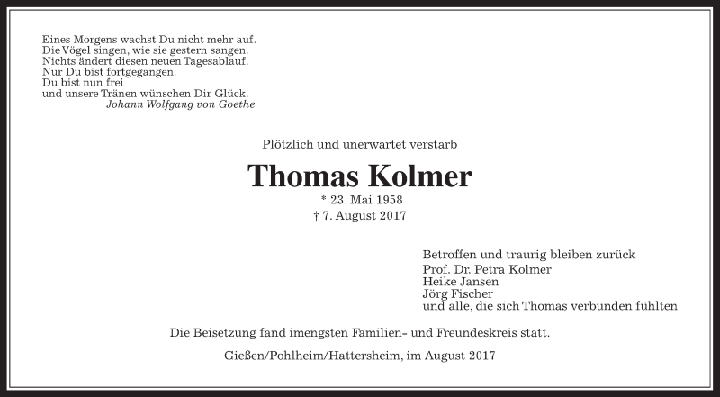  Traueranzeige für Thomas Kolmer vom 22.08.2017 aus Giessener Allgemeine, Alsfelder Allgemeine