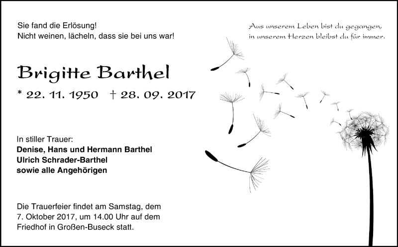  Traueranzeige für Brigitte Barthel vom 30.09.2017 aus Giessener Allgemeine, Alsfelder Allgemeine