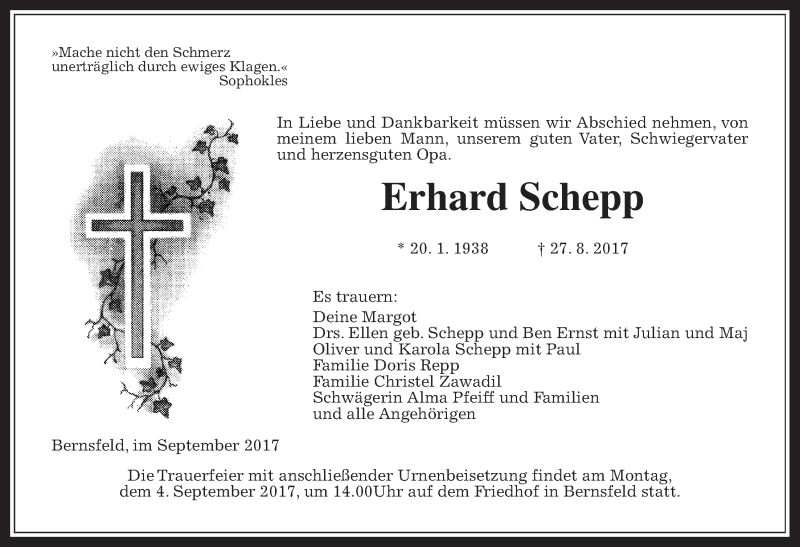  Traueranzeige für Erhard Schepp vom 02.09.2017 aus Giessener Allgemeine, Alsfelder Allgemeine
