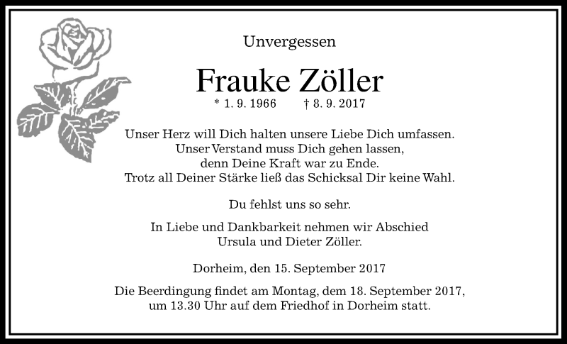 Traueranzeige für Frauke Zöller vom 15.09.2017 aus Wetterauer Zeitung, Wetterauer Zeitung