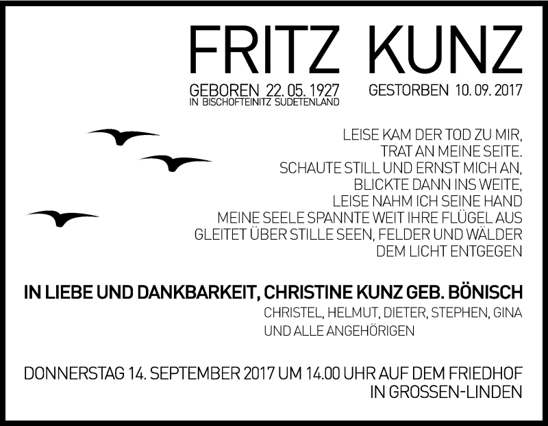  Traueranzeige für Fritz Kunz vom 14.09.2017 aus Giessener Allgemeine, Alsfelder Allgemeine