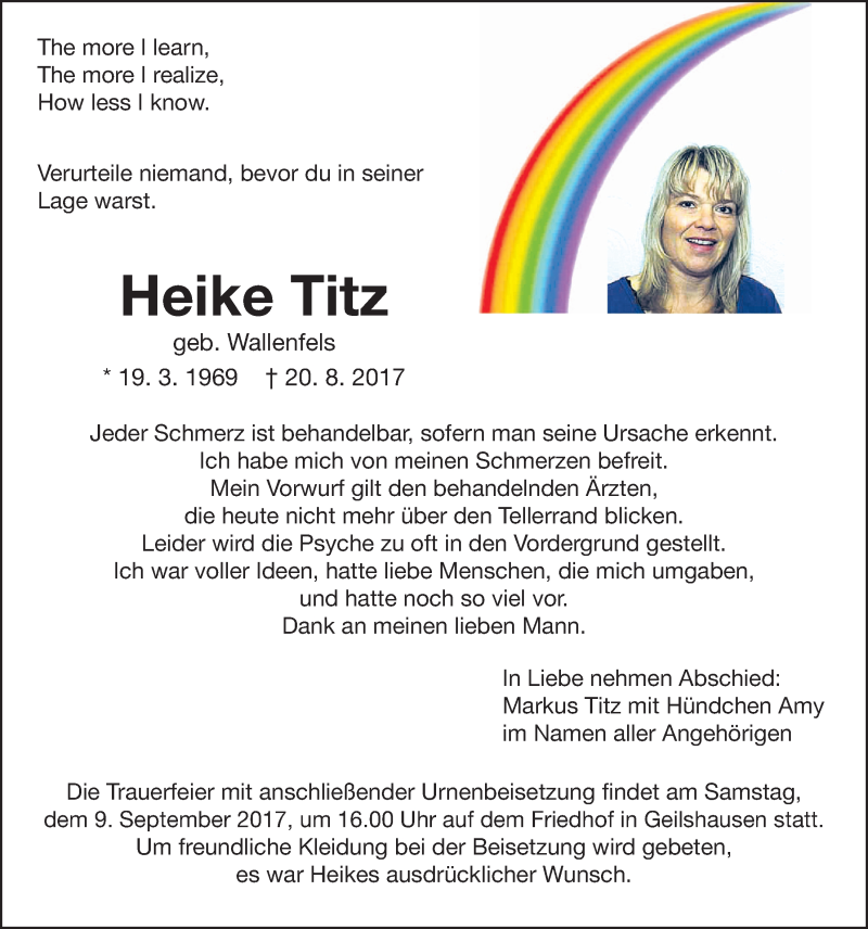  Traueranzeige für Heike Titz vom 06.09.2017 aus Giessener Allgemeine, Alsfelder Allgemeine