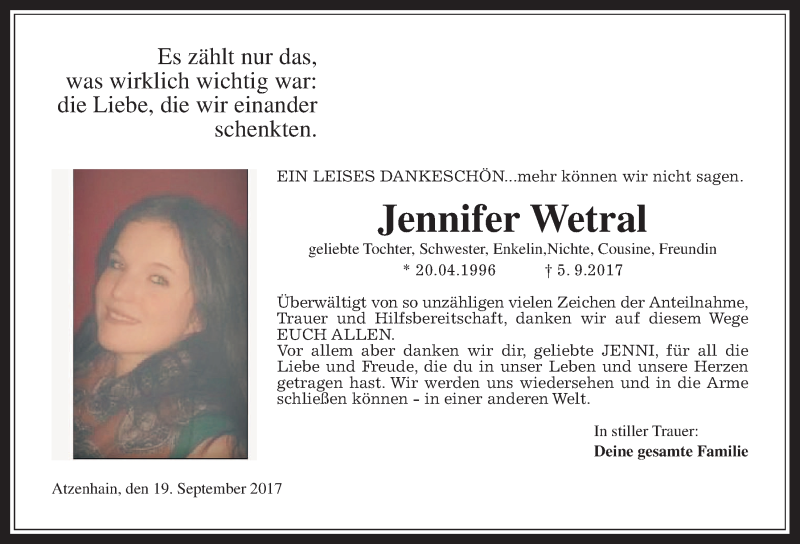  Traueranzeige für Jennifer Wetral vom 22.09.2017 aus Alsfelder Allgemeine
