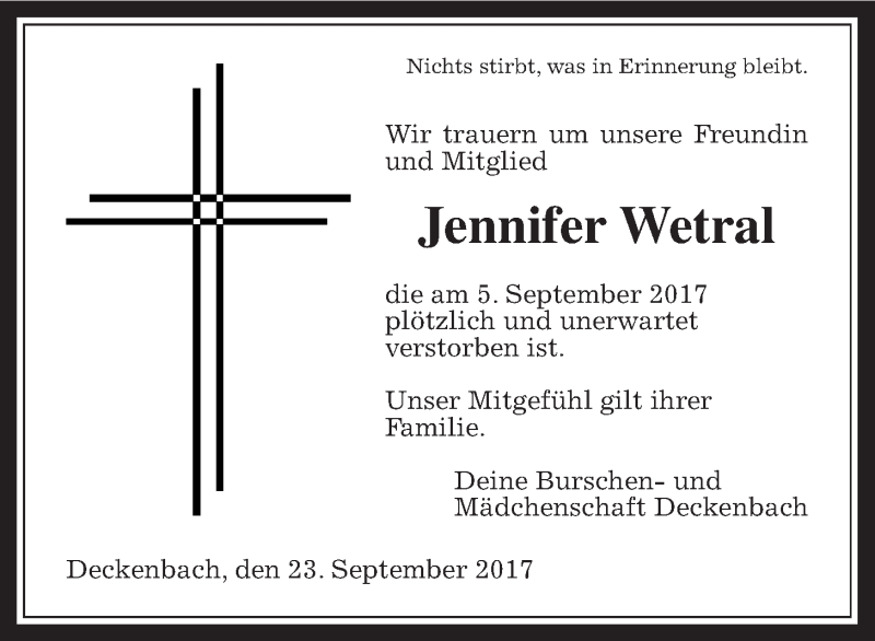  Traueranzeige für Jennifer Wetral vom 23.09.2017 aus Giessener Allgemeine, Alsfelder Allgemeine