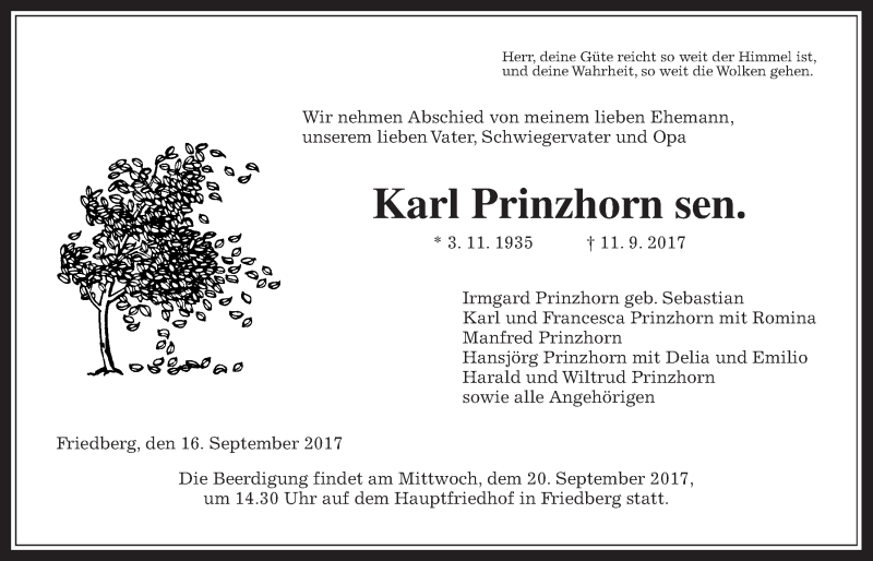  Traueranzeige für Karl Prinzhorn vom 16.09.2017 aus Wetterauer Zeitung, Wetterauer Zeitung
