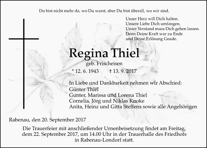  Traueranzeige für Regina Thiel vom 21.09.2017 aus Giessener Allgemeine, Alsfelder Allgemeine