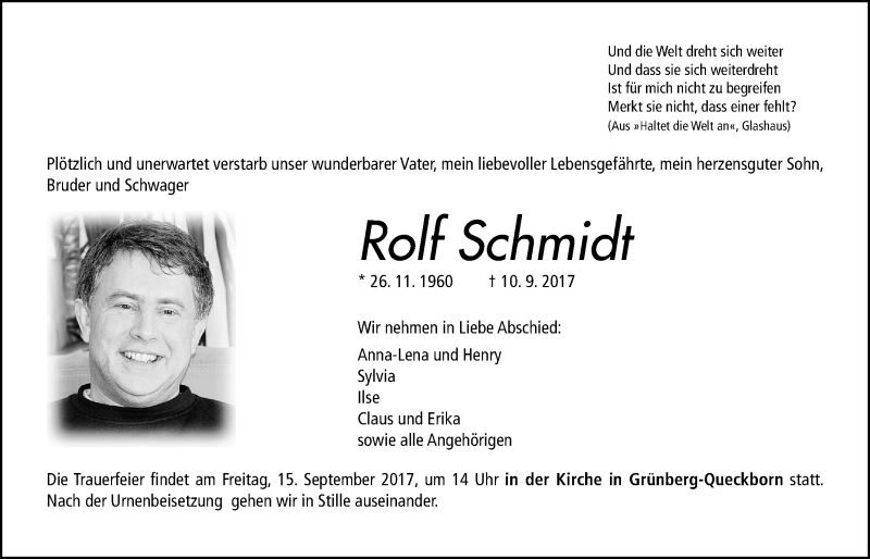  Traueranzeige für Rolf Schmidt vom 14.09.2017 aus Giessener Allgemeine, Alsfelder Allgemeine