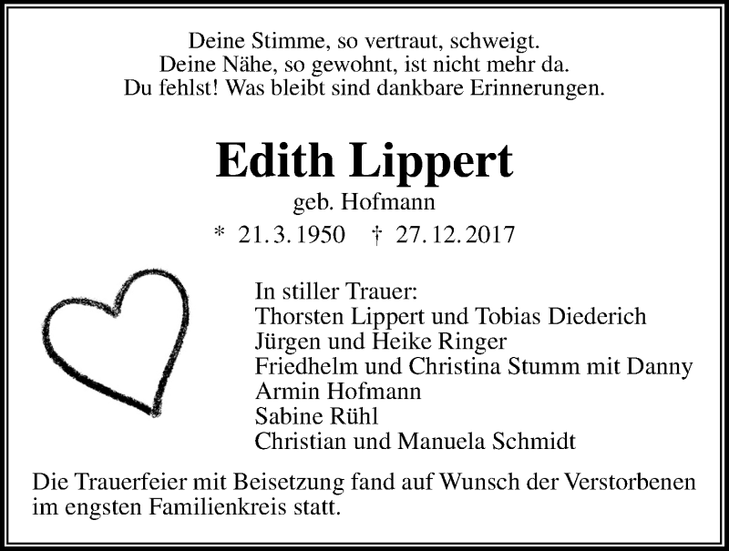  Traueranzeige für Edith Lippert vom 06.01.2018 aus Giessener Allgemeine, Alsfelder Allgemeine