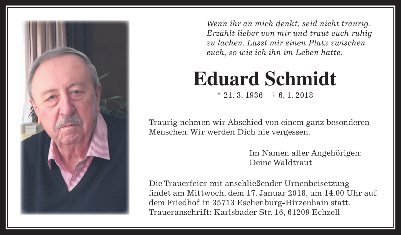  Traueranzeige für Eduard Schmidt vom 13.01.2018 aus Wetterauer Zeitung, Wetterauer Zeitung