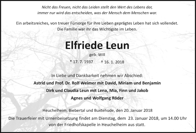 Traueranzeige für Elfriede Leun vom 20.01.2018 aus Giessener Allgemeine, Alsfelder Allgemeine