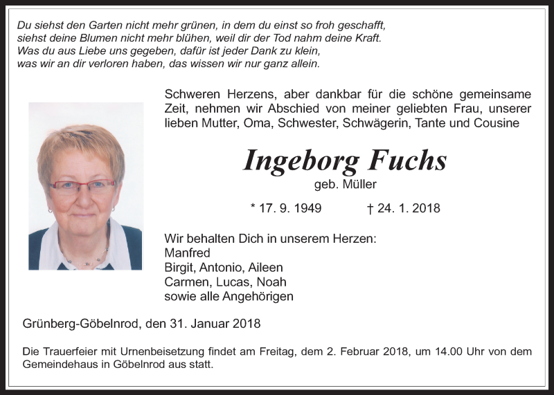  Traueranzeige für Ingeborg Fuchs vom 31.01.2018 aus Giessener Allgemeine, Alsfelder Allgemeine