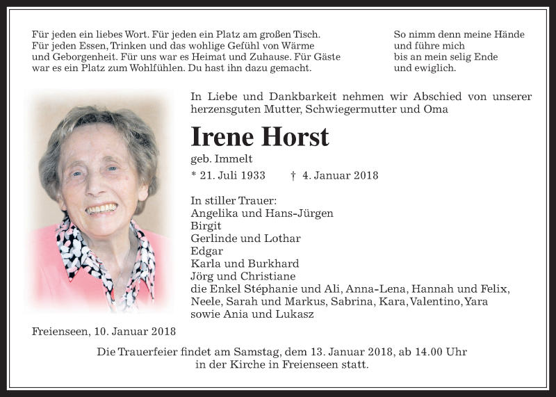  Traueranzeige für Irene Horst vom 10.01.2018 aus Giessener Allgemeine, Alsfelder Allgemeine